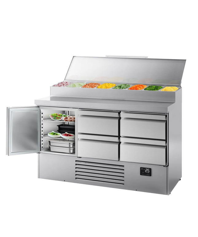 GGM Gastro Commercial Saladette Prep Counter - 1460x700mm - 1 Door & 4 Drawers - topper for 8x GN 1/4