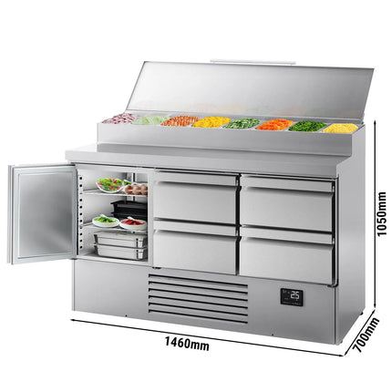 GGM Gastro Commercial Saladette Prep Counter - 1460x700mm - 1 Door & 4 Drawers - topper for 8x GN 1/4
