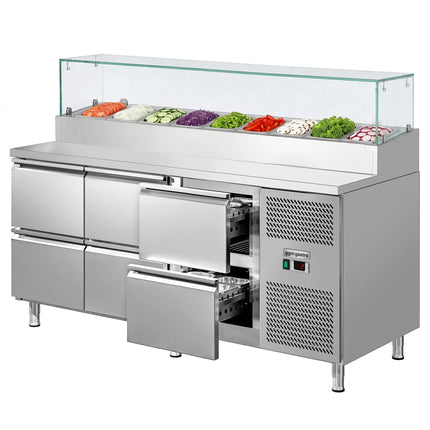 GGM Gastro Commercial Saladette Prep Counter ECO - 1795x700mm - 1 Door & 6 Drawers - for 9x GN 1/3 - incl. Glass sneeze guard