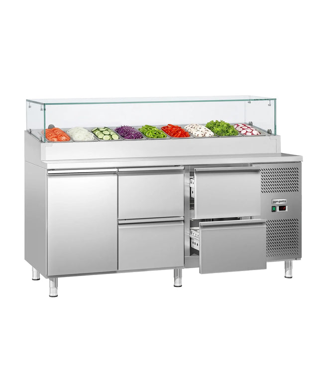GGM Gastro Commercial Saladette Prep Counter ECO - 1795x700mm - with 1 Door & 4 Drawers - for 9x GN 1/3 - incl. Glass sneeze guard