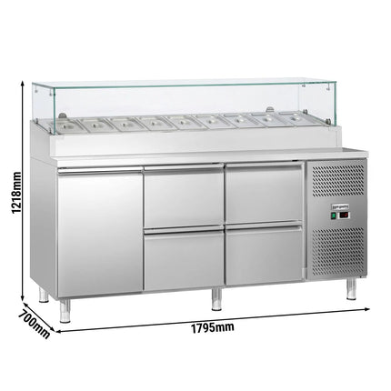 GGM Gastro Commercial Saladette Prep Counter ECO - 1795x700mm - with 1 Door & 4 Drawers - for 9x GN 1/3 - incl. Glass sneeze guard