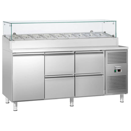 GGM Gastro Commercial Saladette Prep Counter ECO - 1795x700mm - with 1 Door & 4 Drawers - for 9x GN 1/3 - incl. Glass sneeze guard