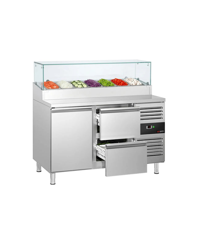 GGM Gastro Commercial Saladette Prep Counter PREMIUM - 1360x700mm - with 1 Door & 2 Drawers - for 7x GN 1/3 - incl. Glass sneeze guard