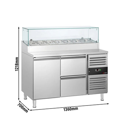 GGM Gastro Commercial Saladette Prep Counter PREMIUM - 1360x700mm - with 1 Door & 2 Drawers - for 7x GN 1/3 - incl. Glass sneeze guard