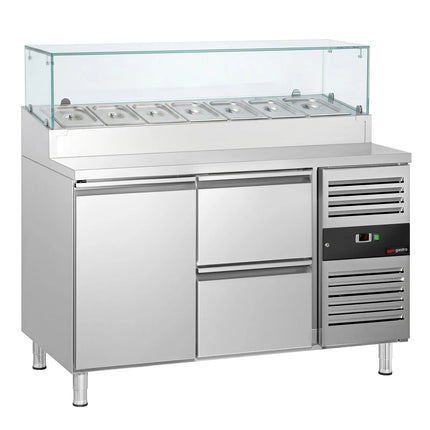 GGM Gastro Commercial Saladette Prep Counter PREMIUM - 1360x700mm - with 1 Door & 2 Drawers - for 7x GN 1/3 - incl. Glass sneeze guard
