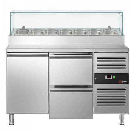 GGM Gastro Commercial Saladette Prep Counter PREMIUM - 1360x700mm - with 1 Door & 2 Drawers - for 7x GN 1/3 - incl. Glass sneeze guard