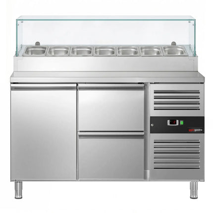 GGM Gastro Commercial Saladette Prep Counter PREMIUM - 1360x700mm - with 1 Door & 2 Drawers - for 7x GN 1/3 - incl. Glass sneeze guard