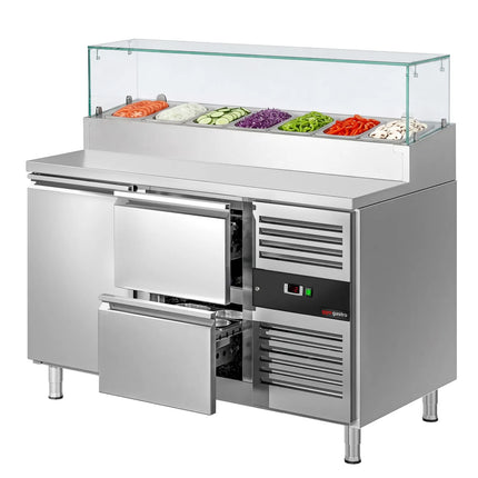 GGM Gastro Commercial Saladette Prep Counter PREMIUM - 1360x700mm - with 1 Door & 2 Drawers - for 7x GN 1/3 - incl. Glass sneeze guard