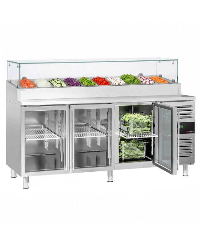GGM Gastro Commercial Saladette Prep Counter PREMIUM - 2020x800mm - 3 Glass Doors - for 10x GN 1/3
