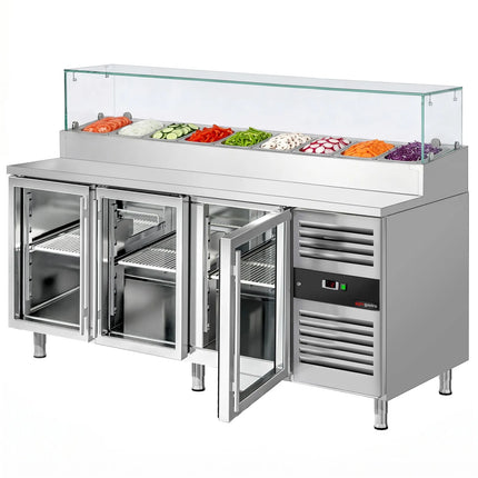 GGM Gastro Commercial Saladette Prep Counter PREMIUM - 2020x800mm - 3 Glass Doors - for 10x GN 1/3
