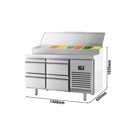 GGM Gastro Commercial Saladette Prep Counter Slimline - 1468x600mm - with 4 Drawers - topper for 8x GN 1/4