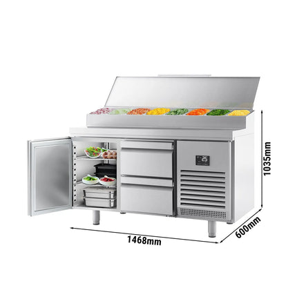 GGM Gastro Commercial Saladette Prep Counter Slimline - 1468x600mm - with 1 Door & 2 Drawers - topper for 8x GN 1/4