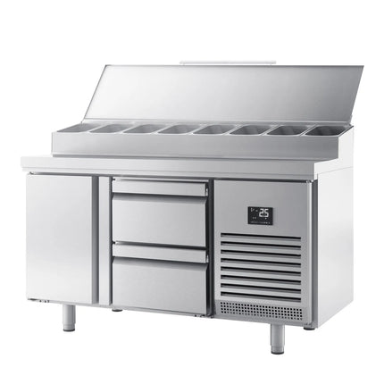 GGM Gastro Commercial Saladette Prep Counter Slimline - 1468x600mm - with 1 Door & 2 Drawers - topper for 8x GN 1/4