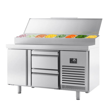 GGM Gastro Commercial Saladette Prep Counter Slimline - 1468x600mm - with 1 Door & 2 Drawers - topper for 8x GN 1/4