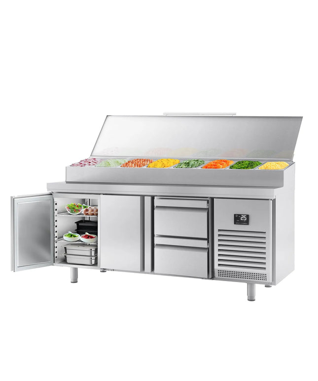 GGM Gastro Commercial Saladette Prep Counter Slimline - 1960x600mm - with 2 Doors & 2 Drawers - topper for 11x GN 1/4