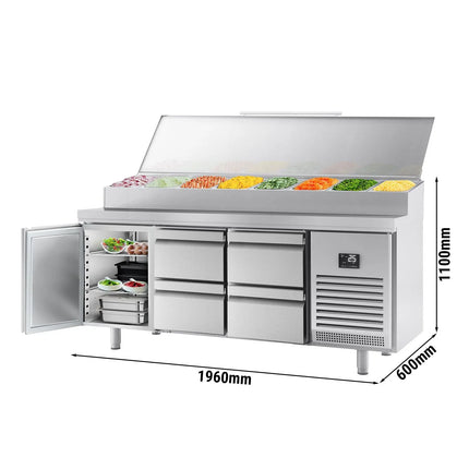 GGM Gastro Commercial Saladette Prep Counter Slimline - 1960x600mm - with 1 Door & 4 Drawers - topper for 11x GN 1/4