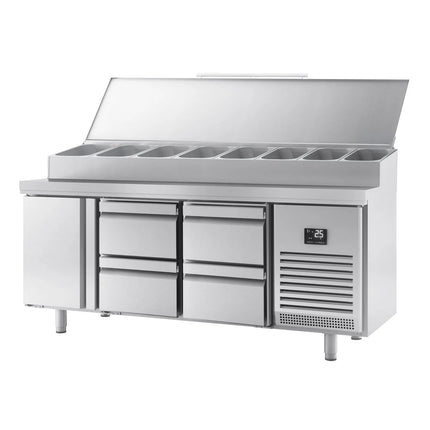 GGM Gastro Commercial Saladette Prep Counter Slimline - 1960x600mm - with 1 Door & 4 Drawers - topper for 11x GN 1/4