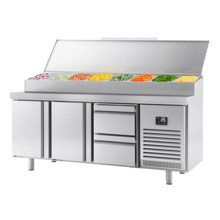GGM Gastro Commercial Saladette Prep Counter Slimline - 1960x600mm - with 2 Doors & 2 Drawers - topper for 11x GN 1/4