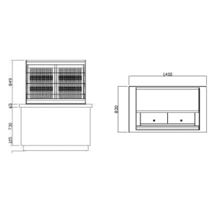 GGM Gastro Commercial serve over counter PRAG - 1400mm - Double glazing - square - with 3 shelves - incl. night curtain