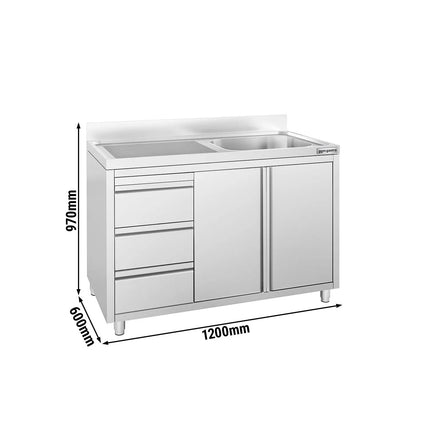 GGM Gastro Commercial Sink Cabinet - 1200x600mm - 1 bowl right-hand - 3 drawers
