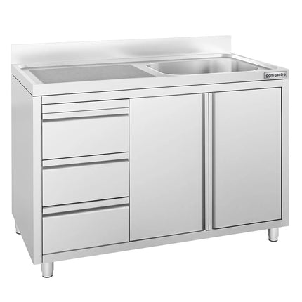 GGM Gastro Commercial Sink Cabinet - 1200x600mm - 1 bowl right-hand - 3 drawers