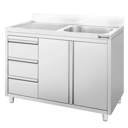 GGM Gastro Commercial Sink Cabinet - 1200x600mm - 1 bowl right-hand - 3 drawers