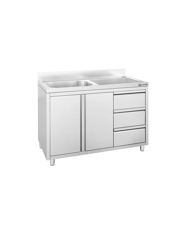 GGM Gastro Commercial Sink Cabinet - 1200x600mm - with 1 bowl left-hand - 3 drawers