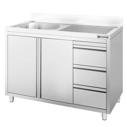 GGM Gastro Commercial Sink Cabinet - 1200x600mm - with 1 bowl left-hand - 3 drawers