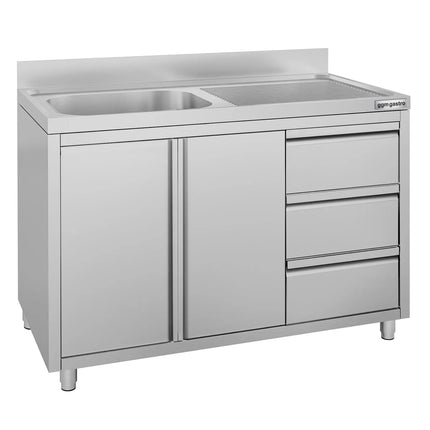 GGM Gastro Commercial Sink Cabinet ECO - 1200x600mm - with 1 bowl left-hand - 3 drawers