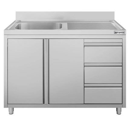 GGM Gastro Commercial Sink Cabinet ECO - 1200x600mm - with 1 bowl left-hand - 3 drawers