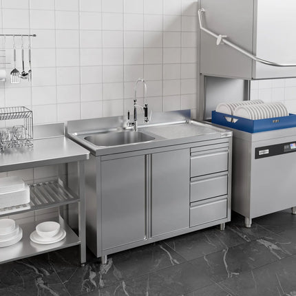 GGM Gastro Commercial Sink Cabinet ECO - 1200x600mm - with 1 bowl left-hand - 3 drawers