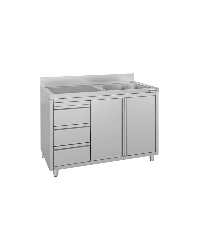 GGM Gastro Commercial Sink Cabinet ECO - 1200x600mm - with 1 bowl right-hand - 3 drawers