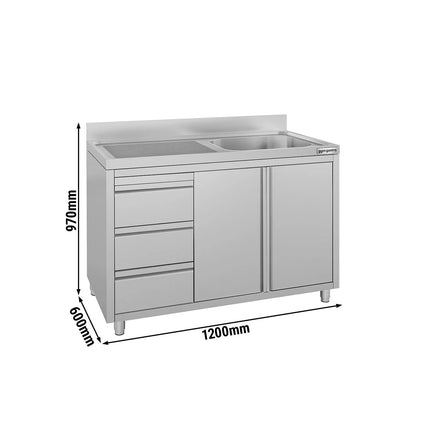 GGM Gastro Commercial Sink Cabinet ECO - 1200x600mm - with 1 bowl right-hand - 3 drawers