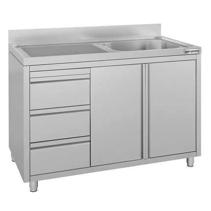 GGM Gastro Commercial Sink Cabinet ECO - 1200x600mm - with 1 bowl right-hand - 3 drawers