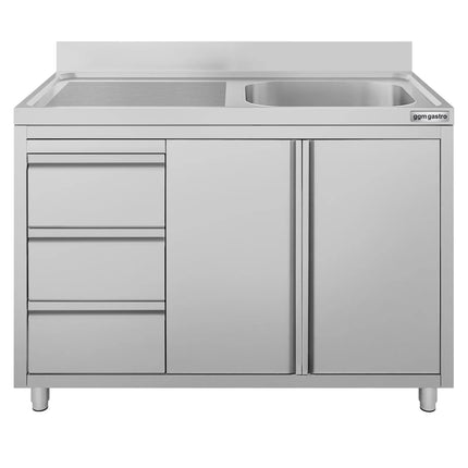 GGM Gastro Commercial Sink Cabinet ECO - 1200x600mm - with 1 bowl right-hand - 3 drawers