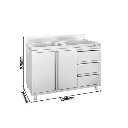 GGM Gastro Commercial Sink Cabinet ECO - 1200x700mm - 1 bowl left-hand - 3 drawers