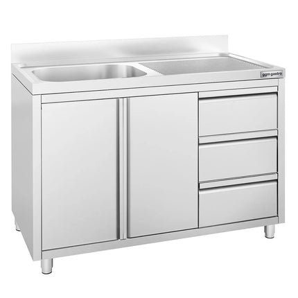 GGM Gastro Commercial Sink Cabinet ECO - 1200x700mm - 1 bowl left-hand - 3 drawers
