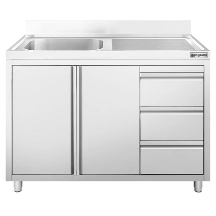 GGM Gastro Commercial Sink Cabinet ECO - 1200x700mm - 1 bowl left-hand - 3 drawers