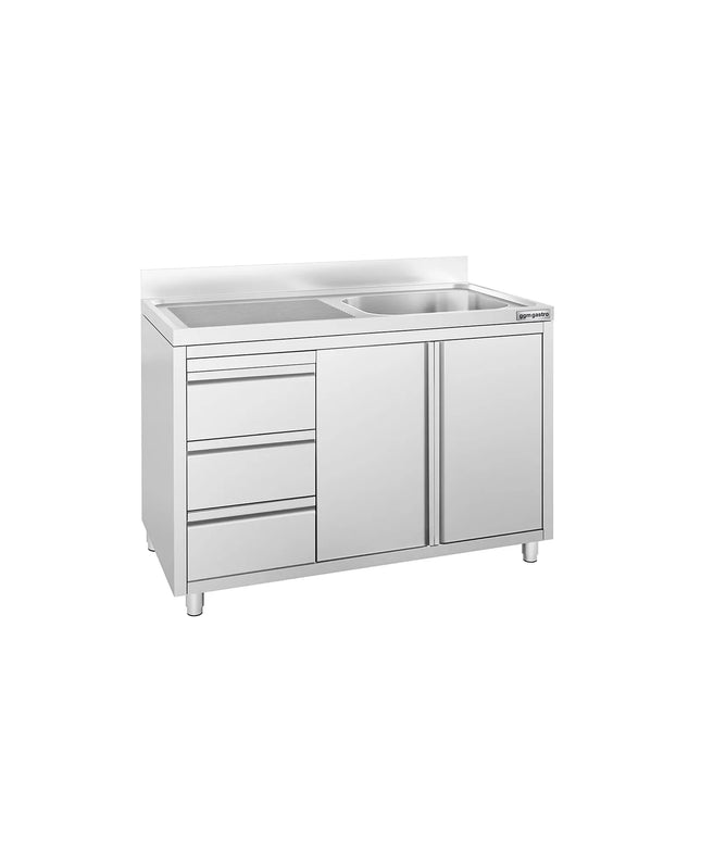 GGM Gastro Commercial Sink Cabinet ECO - 1200x700mm - 1 bowl right-hand - 3 drawers