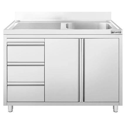 GGM Gastro Commercial Sink Cabinet ECO - 1200x700mm - 1 bowl right-hand - 3 drawers