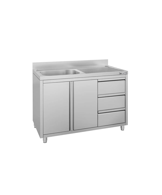 GGM Gastro Commercial Sink Cabinet ECO - 1200x700mm - with 1 bowl left-hand - 3 drawers