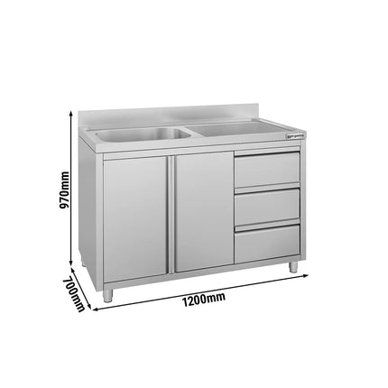 GGM Gastro Commercial Sink Cabinet ECO - 1200x700mm - with 1 bowl left-hand - 3 drawers