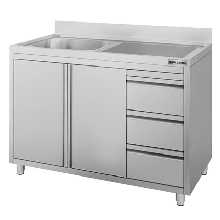 GGM Gastro Commercial Sink Cabinet ECO - 1200x700mm - with 1 bowl left-hand - 3 drawers