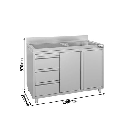 GGM Gastro Commercial Sink Cabinet ECO - 1200x700mm - with 1 bowl right-hand - 3 drawers