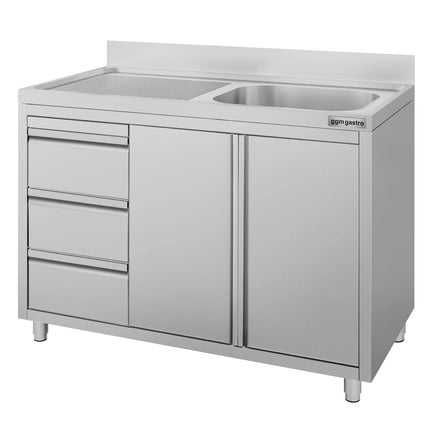 GGM Gastro Commercial Sink Cabinet ECO - 1200x700mm - with 1 bowl right-hand - 3 drawers