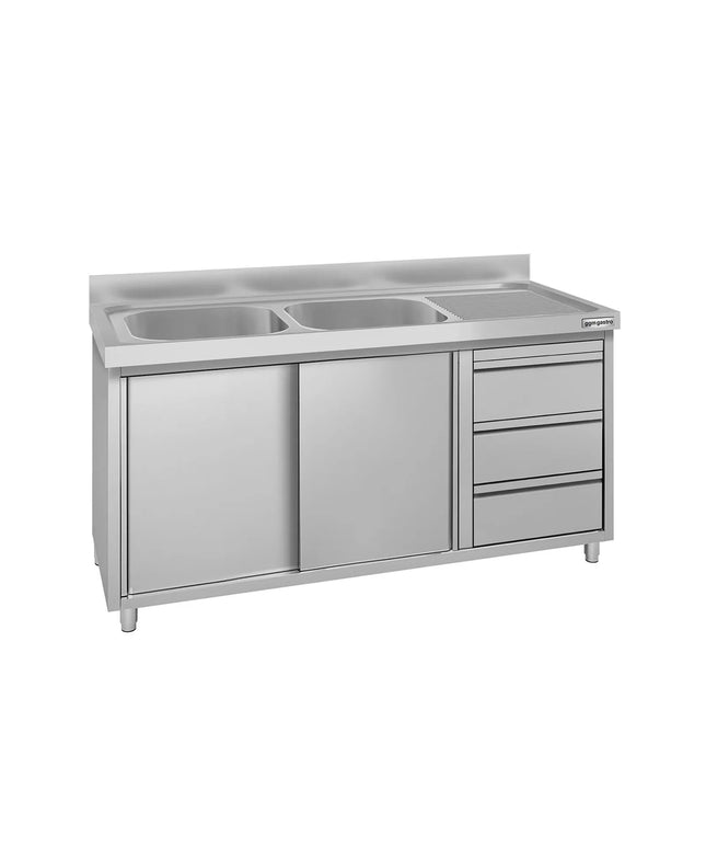 GGM Gastro Commercial Sink Cabinet ECO - 1400x600mm - 2 bowls left-hand - 3 drawers