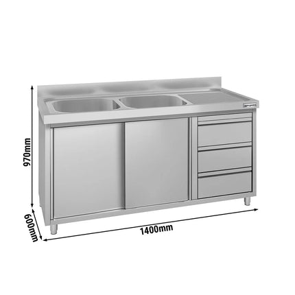 GGM Gastro Commercial Sink Cabinet ECO - 1400x600mm - 2 bowls left-hand - 3 drawers