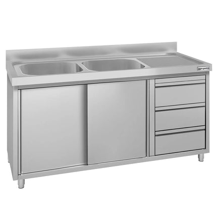 GGM Gastro Commercial Sink Cabinet ECO - 1400x600mm - 2 bowls left-hand - 3 drawers