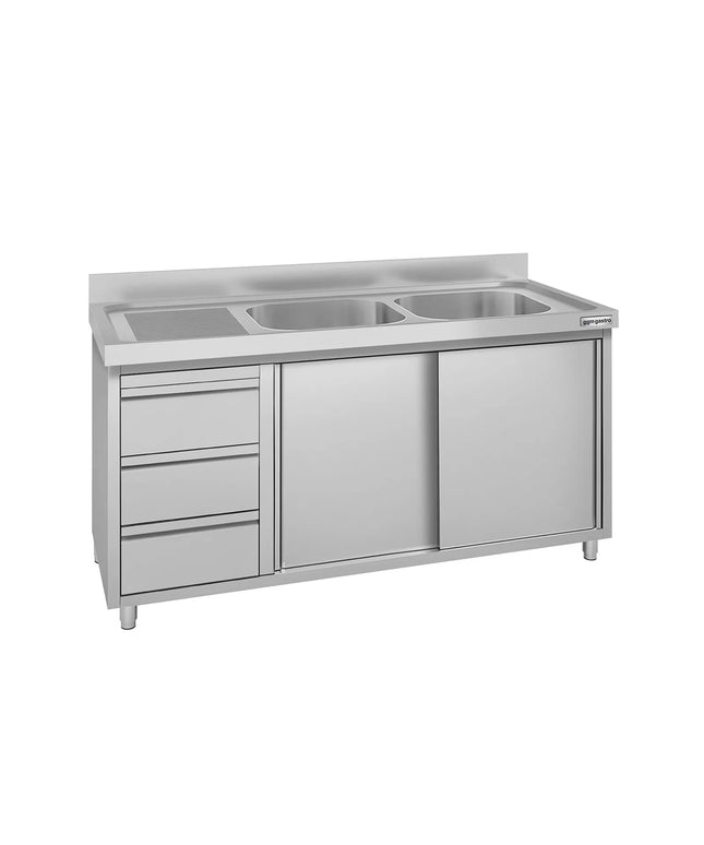 GGM Gastro Commercial Sink Cabinet ECO - 1400x600mm - 2 bowls right-hand - 3 drawers