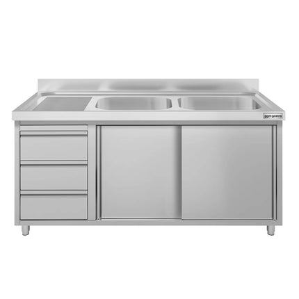 GGM Gastro Commercial Sink Cabinet ECO - 1400x600mm - 2 bowls right-hand - 3 drawers